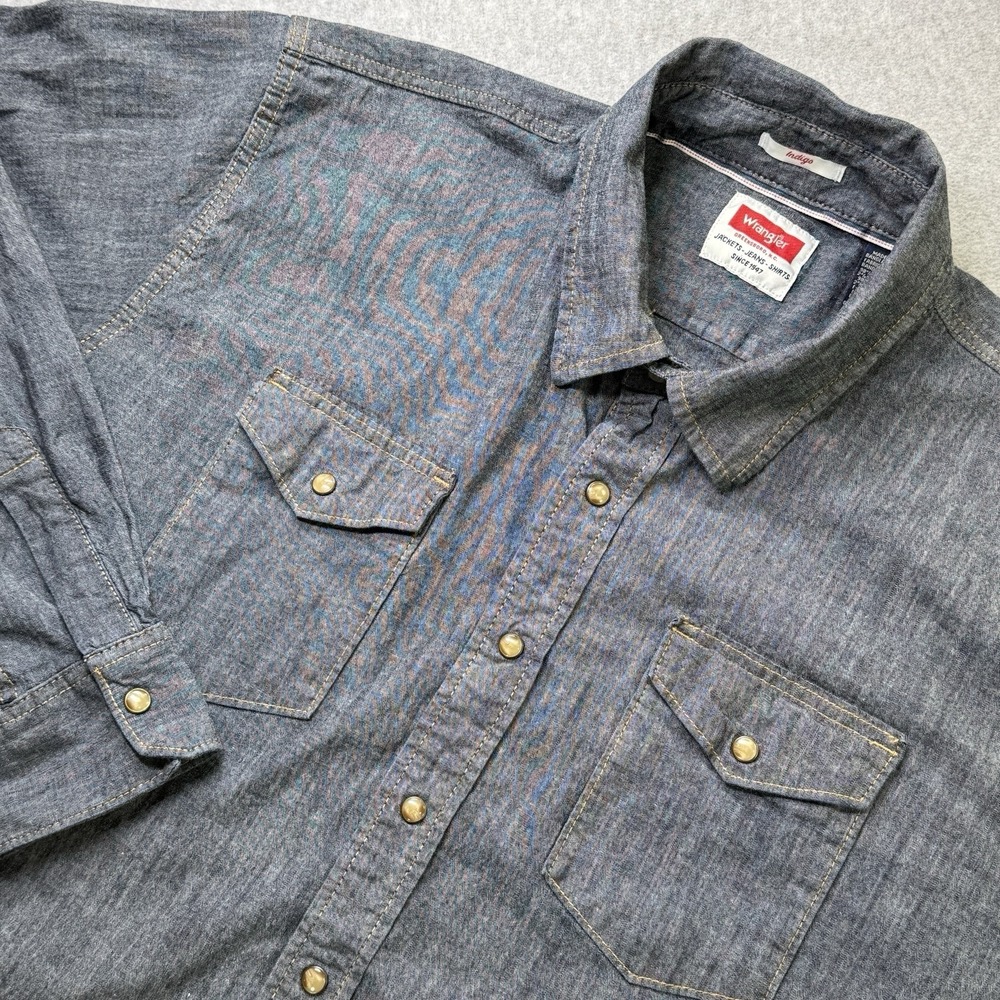 Wrangler Indigo Denim Shirt‎ 2XL Y2K Pearl Snap Button Western Chambray
